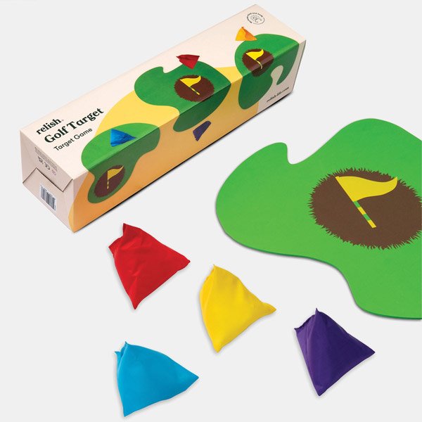 An image showing the golf target game, including four colourful, lightweight bags and a green target mat.