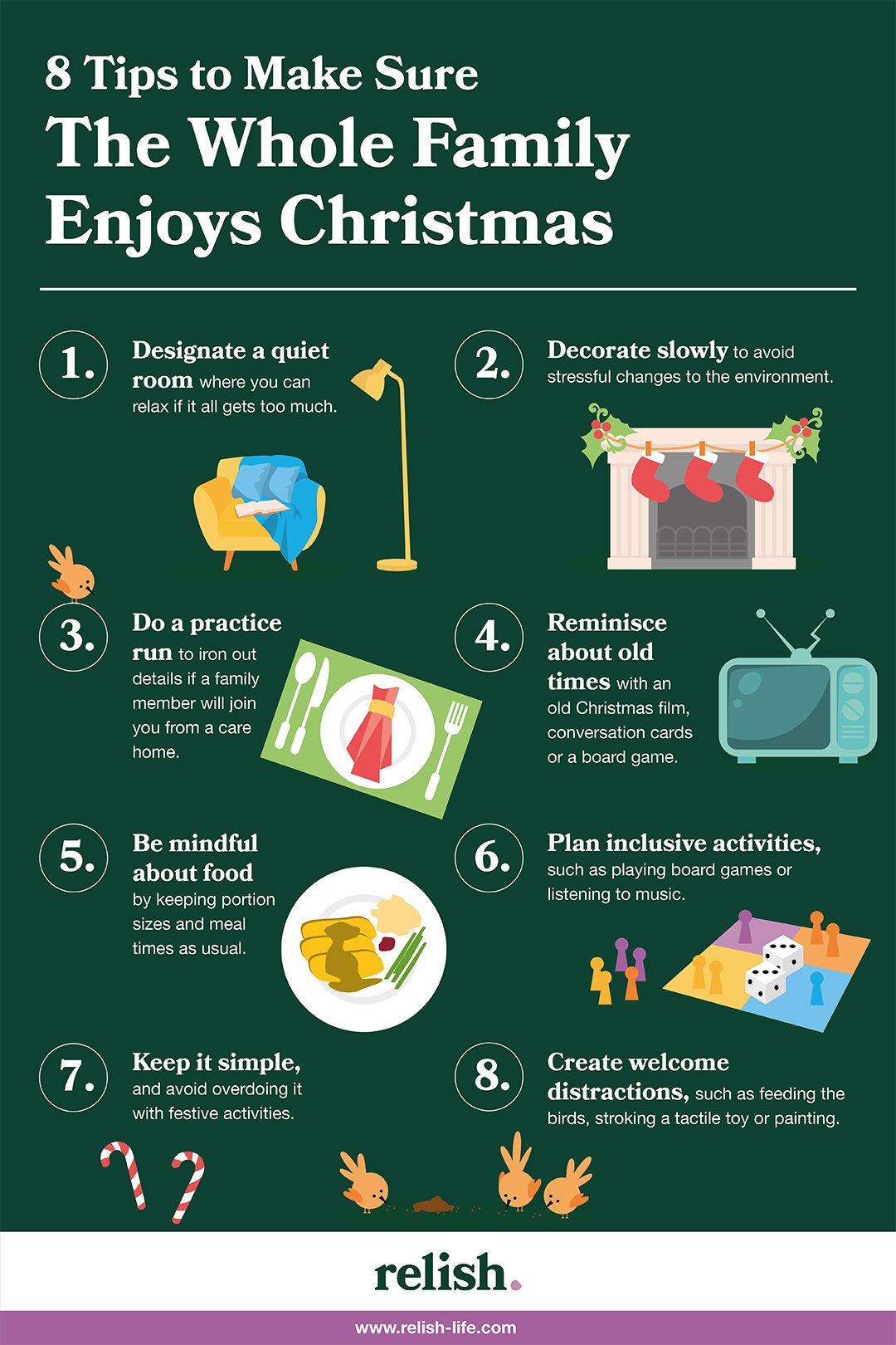 Infographic of 8 tips to make sure the whole family enjoys christmas time when a family member has dementia