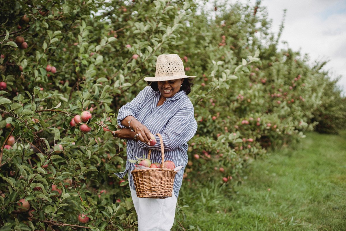 A woman holding a basket picks apples from her garden. Gardening is a great activity for dementia.