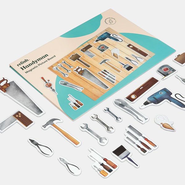 The handyman magnetic picture board includes familiar tools, such as a saw and hammer. It’s a fun reminiscence therapy for dementia.